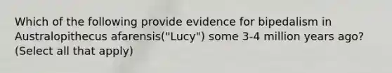 Which of the following provide evidence for bipedalism in Australopithecus afarensis("Lucy") some 3-4 million years ago? (Select all that apply)