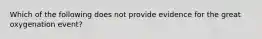 Which of the following does not provide evidence for the great oxygenation event?