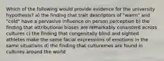 Which of the following would provide evidence for the university hypothesis? a) the finding that trait descriptors of "warm" and "cold" have a pervasive influence on person perception b) the finding that attributional biases are remarkably consistent across cultures c) the finding that congenitally blind and sighted athletes make the same facial expressions of emotions in the same situations d) the finding that culturemes are found in cultures around the world