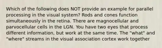 Which of the following does NOT provide an example for parallel processing in the visual system? Rods and cones function simultaneously in the retina. There are magnocellular and parvocellular cells in the LGN. You have two eyes that process different information, but work at the same time. The "what" and "where" streams in the visual association cortex work together