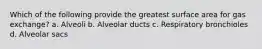 Which of the following provide the greatest surface area for gas exchange? a. Alveoli b. Alveolar ducts c. Respiratory bronchioles d. Alveolar sacs