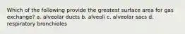 Which of the following provide the greatest surface area for gas exchange? a. alveolar ducts b. alveoli c. alveolar sacs d. respiratory bronchioles