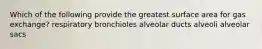 Which of the following provide the greatest surface area for gas exchange? respiratory bronchioles alveolar ducts alveoli alveolar sacs