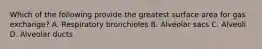 Which of the following provide the greatest surface area for gas exchange? A. Respiratory bronchioles B. Alveolar sacs C. Alveoli D. Alveolar ducts