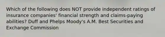 Which of the following does NOT provide independent ratings of insurance companies' financial strength and claims-paying abilities? Duff and Phelps Moody's A.M. Best Securities and Exchange Commission