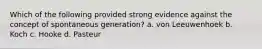 Which of the following provided strong evidence against the concept of spontaneous generation? a. von Leeuwenhoek b. Koch c. Hooke d. Pasteur