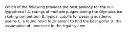 Which of the following provides the best analogy for the null hypothesis? A. ratings of multiple judges during the Olympics ice skating competition B. typical cutoffs for passing academic exams C. a round robin tournament to find the best golfer D. the assumption of innocence in the legal system