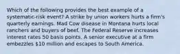 Which of the following provides the best example of a systematic-risk event? A strike by union workers hurts a firm's quarterly earnings. Mad Cow disease in Montana hurts local ranchers and buyers of beef. The Federal Reserve increases interest rates 50 basis points. A senior executive at a firm embezzles 10 million and escapes to South America.