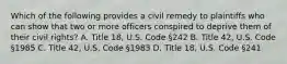 Which of the following provides a civil remedy to plaintiffs who can show that two or more officers conspired to deprive them of their civil rights? A. Title 18, U.S. Code §242 B. Title 42, U.S. Code §1985 C. Title 42, U.S. Code §1983 D. Title 18, U.S. Code §241