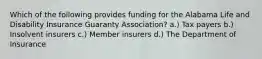 Which of the following provides funding for the Alabama Life and Disability Insurance Guaranty Association? a.) Tax payers b.) Insolvent insurers c.) Member insurers d.) The Department of Insurance