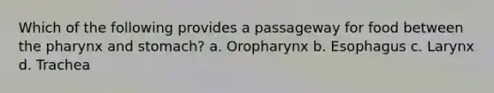 Which of the following provides a passageway for food between the pharynx and stomach? a. Oropharynx b. Esophagus c. Larynx d. Trachea