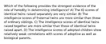 Which of the following provides the strongest evidence of the role of heredity in determining intelligence? A) The IQ scores of identical twins raised separately are very similar. B) The intelligence scores of fraternal twins are more similar than those of ordinary siblings. C) The intelligence scores of identical twins raised together are more similar than those of identical twins raised apart. D) The intelligence scores of adopted children show relatively weak correlations with scores of adoptive as well as biological parents.