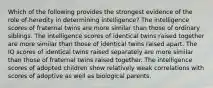 Which of the following provides the strongest evidence of the role of heredity in determining intelligence? The intelligence scores of fraternal twins are more similar than those of ordinary siblings. The intelligence scores of identical twins raised together are more similar than those of identical twins raised apart. The IQ scores of identical twins raised separately are more similar than those of fraternal twins raised together. The intelligence scores of adopted children show relatively weak correlations with scores of adoptive as well as biological parents.