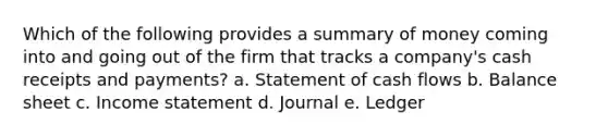 Which of the following provides a summary of money coming into and going out of the firm that tracks a company's cash receipts and payments? a. Statement of cash flows b. Balance sheet c. <a href='https://www.questionai.com/knowledge/kCPMsnOwdm-income-statement' class='anchor-knowledge'>income statement</a> d. Journal e. Ledger