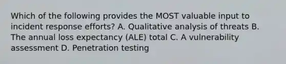 Which of the following provides the MOST valuable input to incident response efforts? A. Qualitative analysis of threats B. The annual loss expectancy (ALE) total C. A vulnerability assessment D. Penetration testing