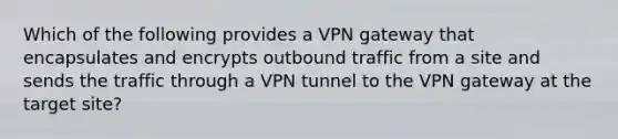 Which of the following provides a VPN gateway that encapsulates and encrypts outbound traffic from a site and sends the traffic through a VPN tunnel to the VPN gateway at the target site?