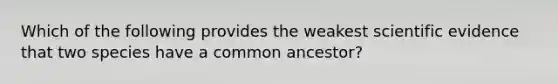 Which of the following provides the weakest scientific evidence that two species have a common ancestor?