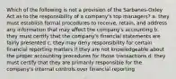 Which of the following is not a provision of the Sarbanes-Oxley Act as to the responsibility of a company's top managers? a. they must establish formal procedures to receive, retain, and address any information that may affect the company's accounting b. they must certify that the company's financial statements are fairly presented c. they may deny responsibility for certain financial reporting matters if they are not knowledgeable about the proper accounting procedures for those transactions d. they must certify that they are primarily responsible for the company's internal controls over financial reporting