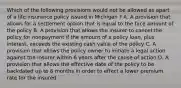 Which of the following provisions would not be allowed as apart of a life insurance policy issued in Michigan ? A. A provision that allows for a settlement option that is equal to the face amount of the policy B. A provision that allows the insurer to cancel the policy for nonpayment if the amount of a policy loan, plus interest, exceeds the existing cash value of the policy C. A provision that allows the policy owner to initiate a legal action against the insurer within 6 years after the cause of action D. A provision that allows the effective date of the policy to be backdated up to 8 months in order to effect a lower premium rate for the insured