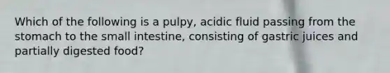 Which of the following is a pulpy, acidic fluid passing from the stomach to the small intestine, consisting of gastric juices and partially digested food?