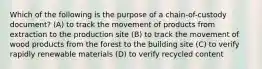 Which of the following is the purpose of a chain-of-custody document? (A) to track the movement of products from extraction to the production site (B) to track the movement of wood products from the forest to the building site (C) to verify rapidly renewable materials (D) to verify recycled content