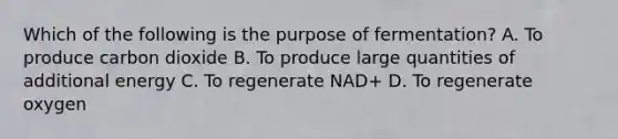 Which of the following is the purpose of fermentation? A. To produce carbon dioxide B. To produce large quantities of additional energy C. To regenerate NAD+ D. To regenerate oxygen