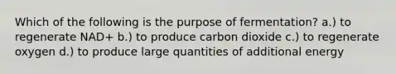 Which of the following is the purpose of fermentation? a.) to regenerate NAD+ b.) to produce carbon dioxide c.) to regenerate oxygen d.) to produce large quantities of additional energy