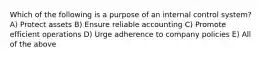 Which of the following is a purpose of an internal control system? A) Protect assets B) Ensure reliable accounting C) Promote efficient operations D) Urge adherence to company policies E) All of the above