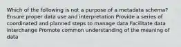 Which of the following is not a purpose of a metadata schema? Ensure proper data use and interpretation Provide a series of coordinated and planned steps to manage data Facilitate data interchange Promote common understanding of the meaning of data