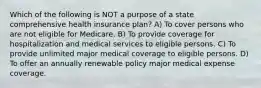 Which of the following is NOT a purpose of a state comprehensive health insurance plan? A) To cover persons who are not eligible for Medicare. B) To provide coverage for hospitalization and medical services to eligible persons. C) To provide unlimited major medical coverage to eligible persons. D) To offer an annually renewable policy major medical expense coverage.