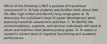 Which of the following is NOT a purpose of transitional assessment? A. To help students and families think about their life after high school and identify long-range goals. B. To determine the individual's level of career development when planning transition assessment activities. C. To identify the accommodations, supports, and services individuals will need to attain and maintain their postsecondary goals. D. To assess a student's current level of cognitive functioning and academic performance.