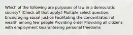 Which of the following are purposes of law in a democratic society? (Check all that apply.) Multiple select question. Encouraging social justice Facilitating the concentration of wealth among few people Providing order Providing all citizens with employment Guaranteeing personal freedoms