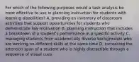 For which of the following purposes would a task analysis be most effective to use in planning instruction for students with learning disabilities? A. providing an inventory of classroom activities that support opportunities for students who demonstrate low motivation B. planning instruction that includes a breakdown of a student's performance in a specific activity C. managing students from academically diverse backgrounds who are working on different skills at the same time D. increasing the attention span of a student who is highly distractible through a sequence of visual cues