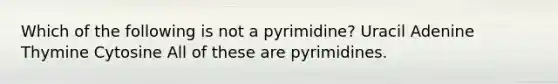 Which of the following is not a pyrimidine? Uracil Adenine Thymine Cytosine All of these are pyrimidines.