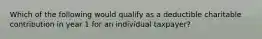 Which of the following would qualify as a deductible charitable contribution in year 1 for an individual taxpayer?