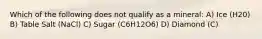 Which of the following does not qualify as a mineral: A) Ice (H20) B) Table Salt (NaCl) C) Sugar (C6H12O6) D) Diamond (C)
