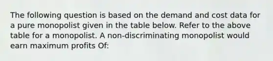 The following question is based on the demand and cost data for a pure monopolist given in the table below. Refer to the above table for a monopolist. A non-discriminating monopolist would earn maximum profits Of: