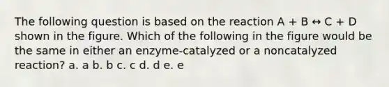 The following question is based on the reaction A + B ↔ C + D shown in the figure. Which of the following in the figure would be the same in either an enzyme-catalyzed or a noncatalyzed reaction? a. a b. b c. c d. d e. e