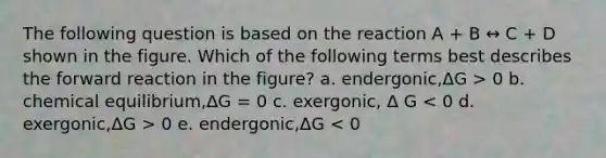 The following question is based on the reaction A + B ↔ C + D shown in the figure. Which of the following terms best describes the forward reaction in the figure? a. endergonic,ΔG > 0 b. chemical equilibrium,ΔG = 0 c. exergonic, Δ G 0 e. endergonic,ΔG < 0