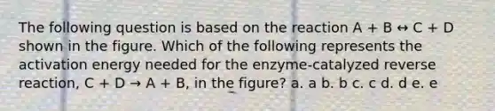 The following question is based on the reaction A + B ↔ C + D shown in the figure. Which of the following represents the activation energy needed for the enzyme-catalyzed reverse reaction, C + D → A + B, in the figure? a. a b. b c. c d. d e. e