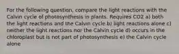 For the following question, compare the light reactions with the Calvin cycle of photosynthesis in plants. Requires CO2 a) both the light reactions and the Calvin cycle b) light reactions alone c) neither the light reactions nor the Calvin cycle d) occurs in the chloroplast but is not part of photosynthesis e) the Calvin cycle alone