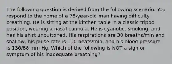 The following question is derived from the following scenario: You respond to the home of a 78-year-old man having difficulty breathing. He is sitting at the kitchen table in a classic tripod position, wearing a nasal cannula. He is cyanotic, smoking, and has his shirt unbuttoned. His respirations are 30 breaths/min and shallow, his pulse rate is 110 beats/min, and his blood pressure is 136/88 mm Hg. Which of the following is NOT a sign or symptom of his inadequate breathing?