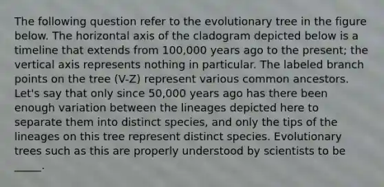 The following question refer to the evolutionary tree in the figure below. The horizontal axis of the cladogram depicted below is a timeline that extends from 100,000 years ago to the present; the vertical axis represents nothing in particular. The labeled branch points on the tree (V-Z) represent various common ancestors. Let's say that only since 50,000 years ago has there been enough variation between the lineages depicted here to separate them into distinct species, and only the tips of the lineages on this tree represent distinct species. Evolutionary trees such as this are properly understood by scientists to be _____.