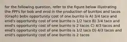 for the following question, refer to the figure below illustrating the PPFs for bob and enid in the production of burritos and tacos (Graph) bobs opportunity cost of one burrito is A) 3/4 taco and enid's opportunity cost of one burrito is 1/2 taco B) 3/4 taco and enid's opportunity cost of one burrito is 2 tacos C) 4/3 tacos and enid's opportunity cost of one burrito is 1/2 taco D) 4/3 tacos and enid's opportunity cost of one burrito is 2 tacos