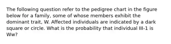 The following question refer to the pedigree chart in the figure below for a family, some of whose members exhibit the dominant trait, W. Affected individuals are indicated by a dark square or circle. What is the probability that individual III-1 is Ww?