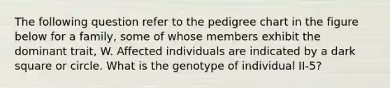 The following question refer to the pedigree chart in the figure below for a family, some of whose members exhibit the dominant trait, W. Affected individuals are indicated by a dark square or circle. What is the genotype of individual II-5?