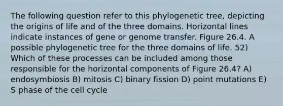 The following question refer to this phylogenetic tree, depicting the origins of life and of the three domains. Horizontal lines indicate instances of gene or genome transfer. Figure 26.4. A possible phylogenetic tree for the three domains of life. 52) Which of these processes can be included among those responsible for the horizontal components of Figure 26.4? A) endosymbiosis B) mitosis C) binary fission D) point mutations E) S phase of the cell cycle