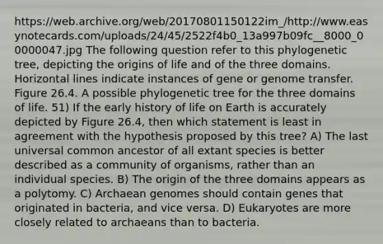 https://web.archive.org/web/20170801150122im_/http://www.easynotecards.com/uploads/24/45/2522f4b0_13a997b09fc__8000_00000047.jpg The following question refer to this phylogenetic tree, depicting the origins of life and of the three domains. Horizontal lines indicate instances of gene or genome transfer. Figure 26.4. A possible phylogenetic tree for the three domains of life. 51) If the early history of life on Earth is accurately depicted by Figure 26.4, then which statement is least in agreement with the hypothesis proposed by this tree? A) The last universal common ancestor of all extant species is better described as a community of organisms, rather than an individual species. B) The origin of the three domains appears as a polytomy. C) Archaean genomes should contain genes that originated in bacteria, and vice versa. D) Eukaryotes are more closely related to archaeans than to bacteria.