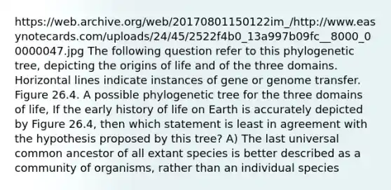 https://web.archive.org/web/20170801150122im_/http://www.easynotecards.com/uploads/24/45/2522f4b0_13a997b09fc__8000_00000047.jpg The following question refer to this phylogenetic tree, depicting the origins of life and of the three domains. Horizontal lines indicate instances of gene or genome transfer. Figure 26.4. A possible phylogenetic tree for the three domains of life, If the early history of life on Earth is accurately depicted by Figure 26.4, then which statement is least in agreement with the hypothesis proposed by this tree? A) The last universal common ancestor of all extant species is better described as a community of organisms, rather than an individual species