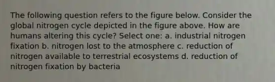 The following question refers to the figure below. Consider the global nitrogen cycle depicted in the figure above. How are humans altering this cycle? Select one: a. industrial nitrogen fixation b. nitrogen lost to the atmosphere c. reduction of nitrogen available to terrestrial ecosystems d. reduction of nitrogen fixation by bacteria